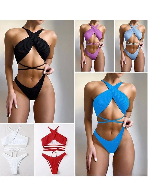 

2026 Sexy Crossed Strap Bikini Snake Pattern Women's Swimsuit Faionable Polyester Triangular Bikini with Chest Pad No Steel...