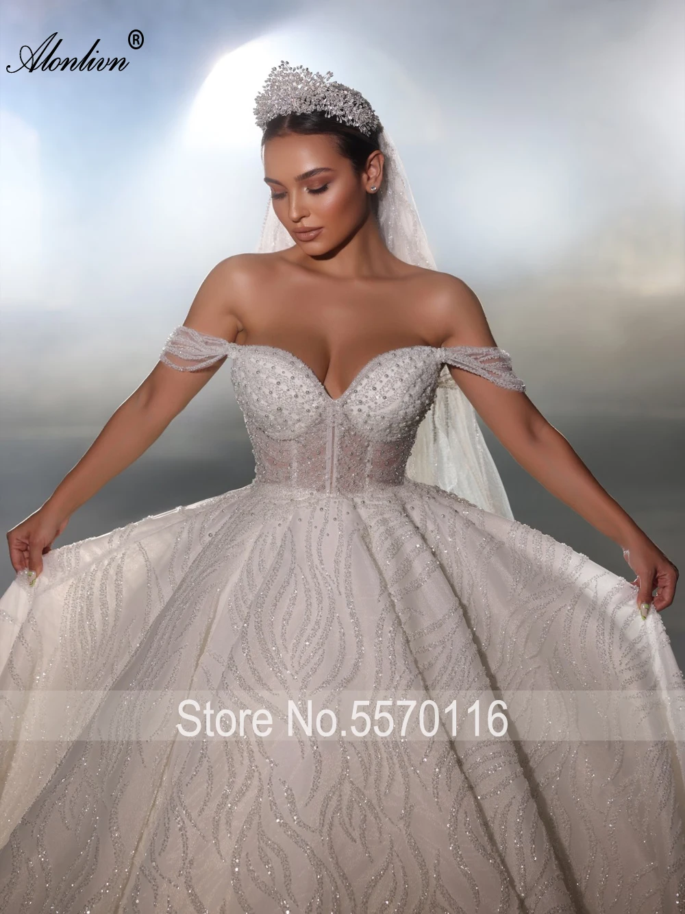 Alonlivn Exquisite Bling Lace Ball Gown Wedding Dress Beading Pearls Off The Shoulder Sweetheart Princess Bridal Skirts