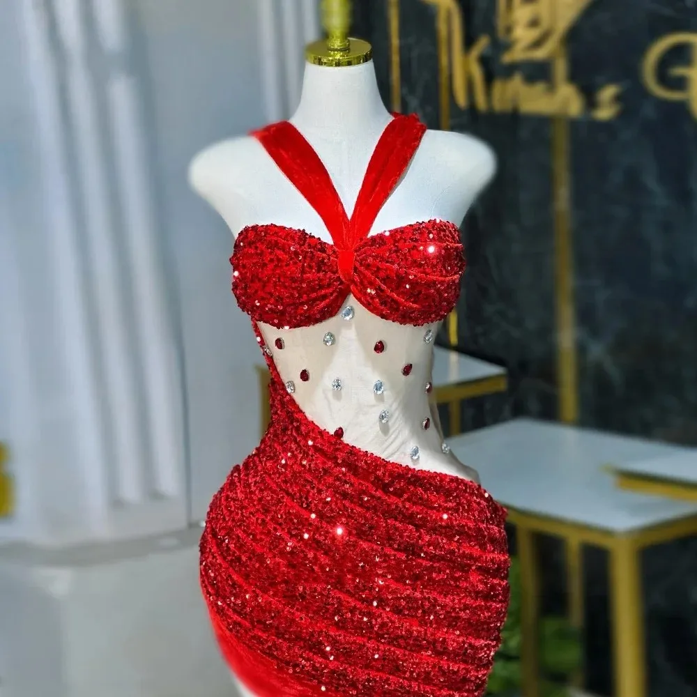 

Sparkly Red Short Prom Party Dress Sequin Rhinestones Illusion Halter Homecoming Gown For Birthday Christmas Robe De Soriee