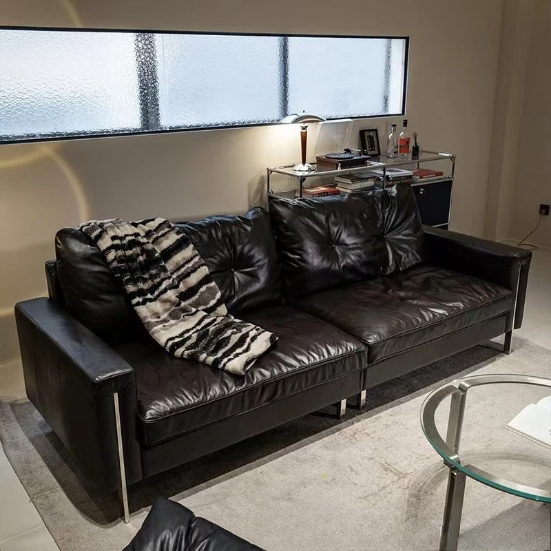 

Medieval Bauhaus Bolin sofa designer small apartment living room straight row three-person minimalist first-layer leather sofa