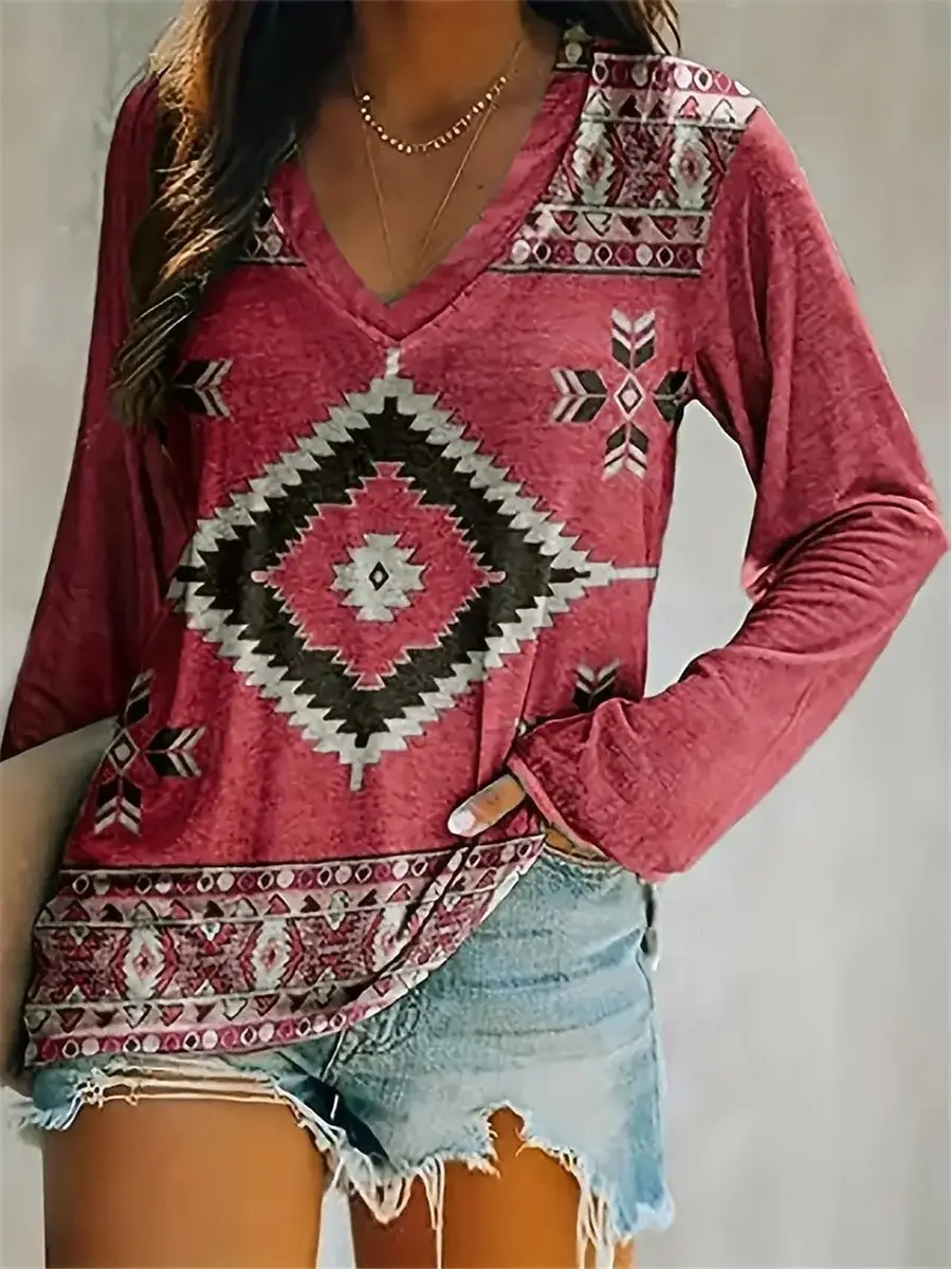 

Women's Elegant V-neck Diamond Ethnic Print Long Sleeve T-shirt Soft Polyester Perfect for Autumn and Winter Casual Wear Tops