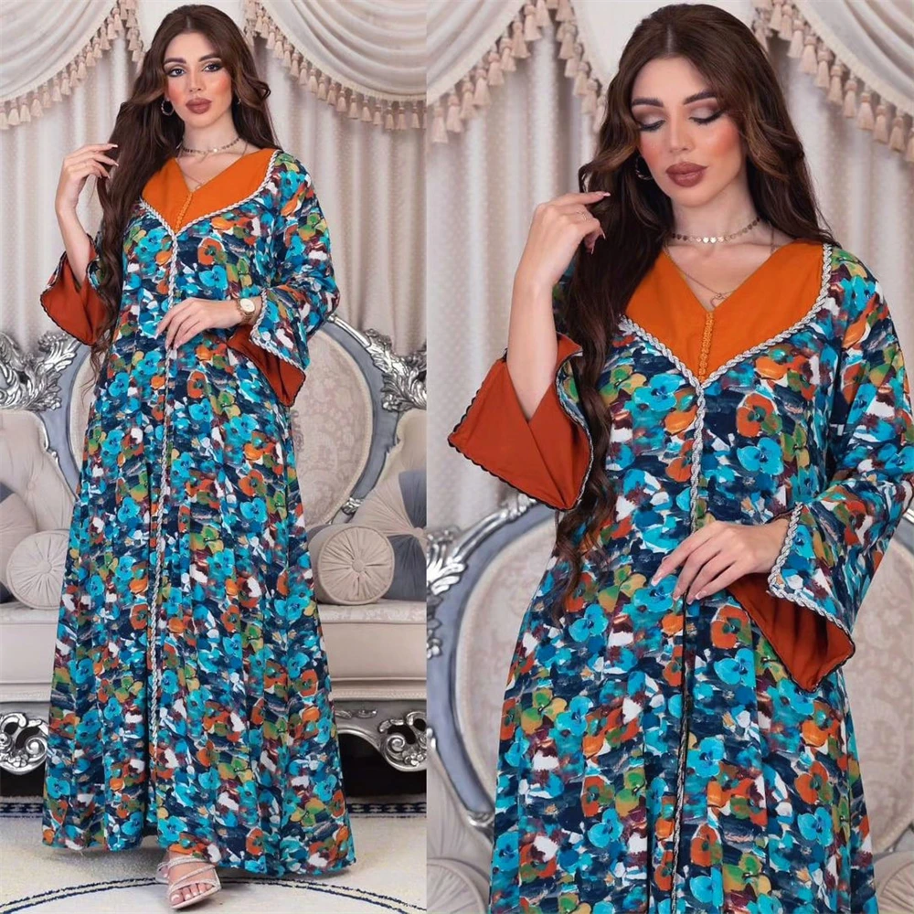 

Modest Muslim Women Abaya Floral Print Diamonds Maxi Dress Fashion Kaftan Islamic Party Eid Ramadan Dubai Saudi Morocco Jalabiya