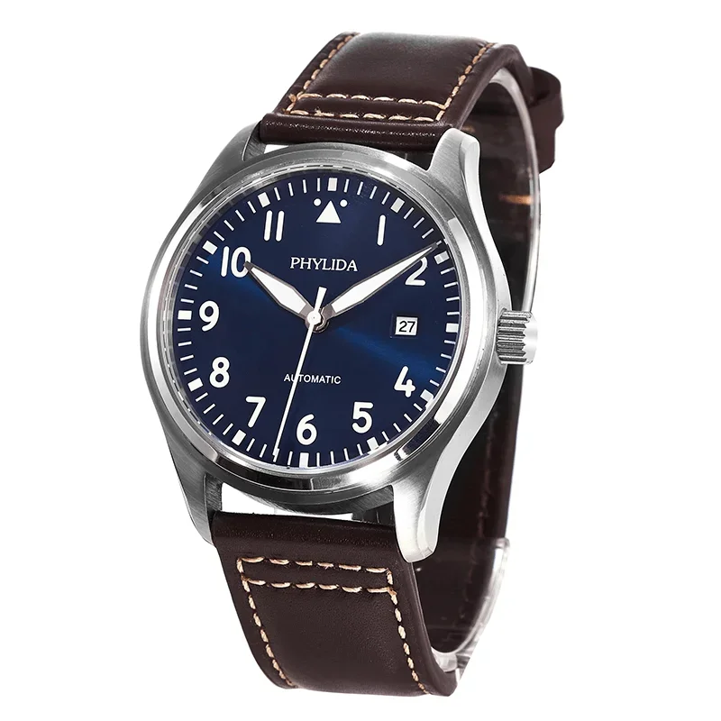 PHYLIDA 42mm Blue Dial Pilot Watch 5ATM Japan MIYOTA Automatic Domed Sapphire Crystal Genuine Leather Strap Little Prince