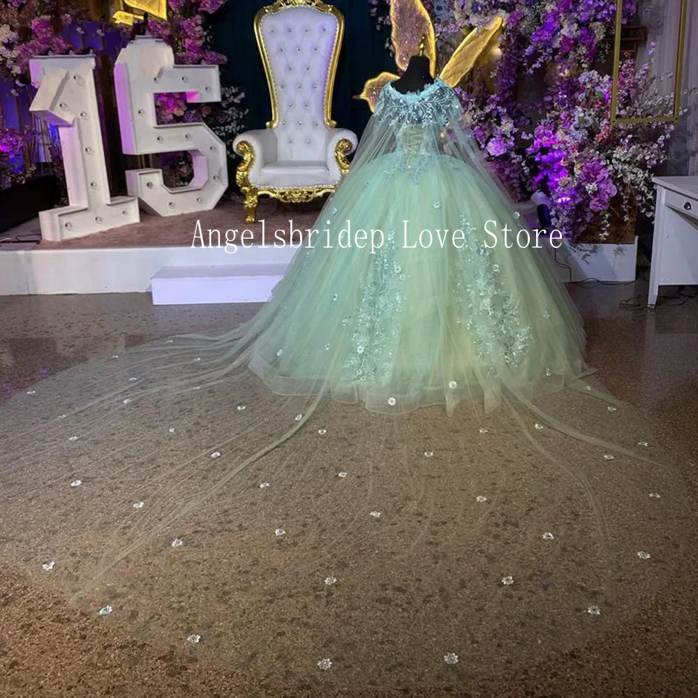 Angelsbridep Mint Groene Lovertjes Baljurk 15 Jaar Oude Quinceanera Jurken 2024 Met Cape Kralen Prinses Verjaardagsfeestjurk