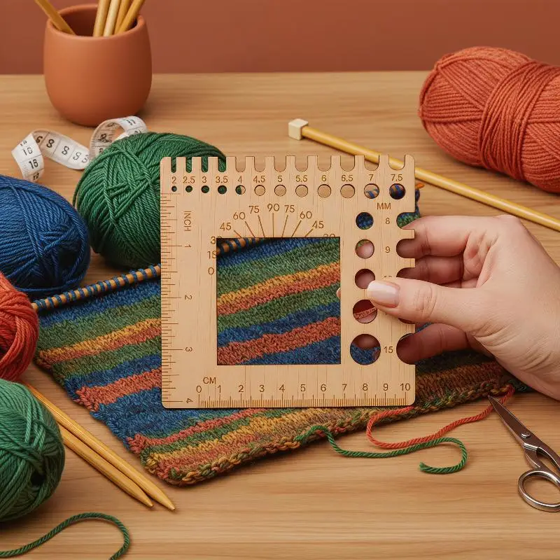 Functional Wooden Sock Ruler with Crochet Hook Gauge Essential for Accurate Knitting Measurements - view 5