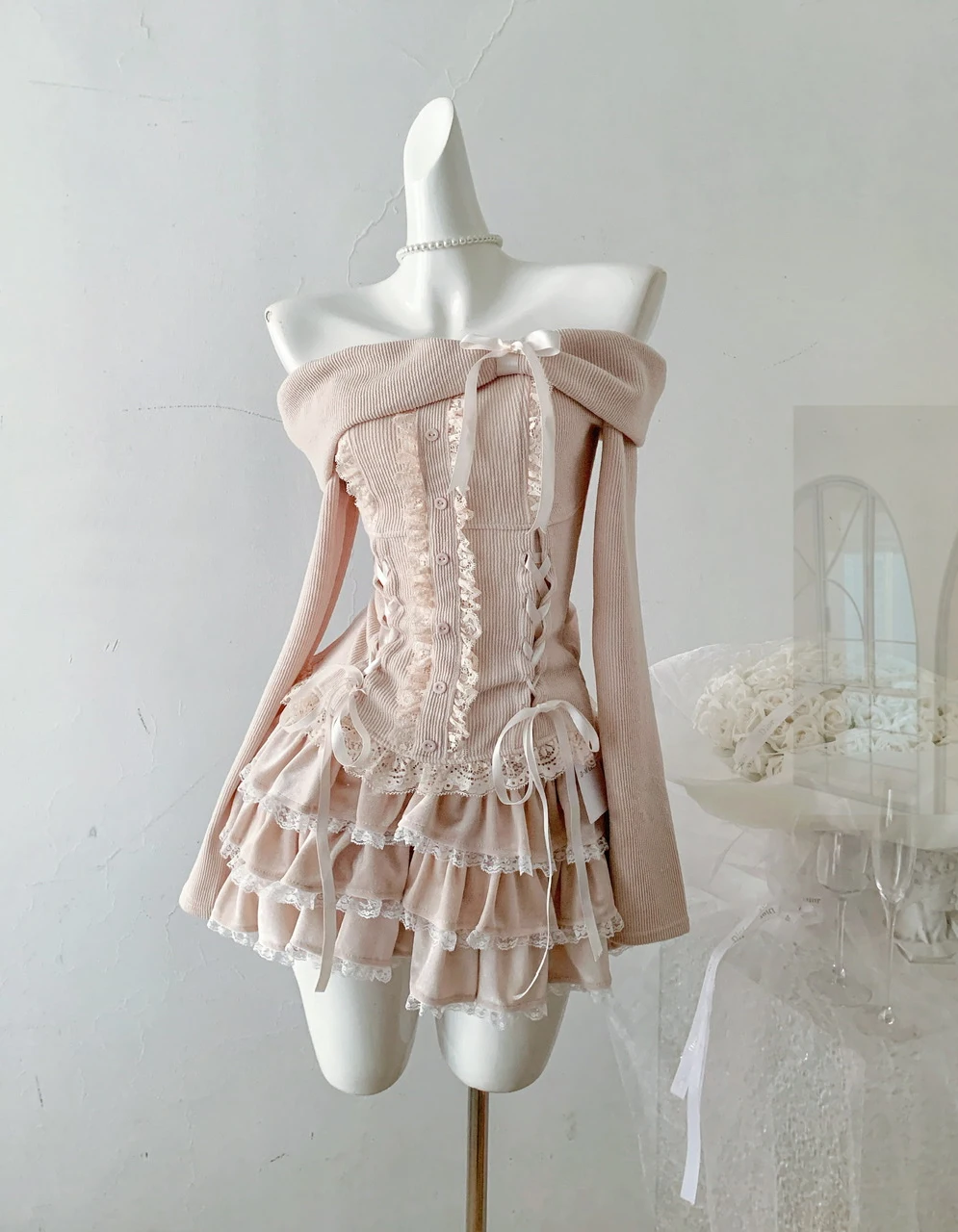 Sweet Skirt Suit New Spring and Autumn Cute Bow Girls Strapless Long Sleeve Pink Knitted Top Cake Short Skirt Two-piece Set