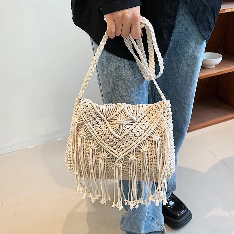 Fashion Cotton Woven Hollow Shoulder Crossbdoy Bags Female Summer Beach Bag Travel Small Tassel Handbag For Women Messenger Bags