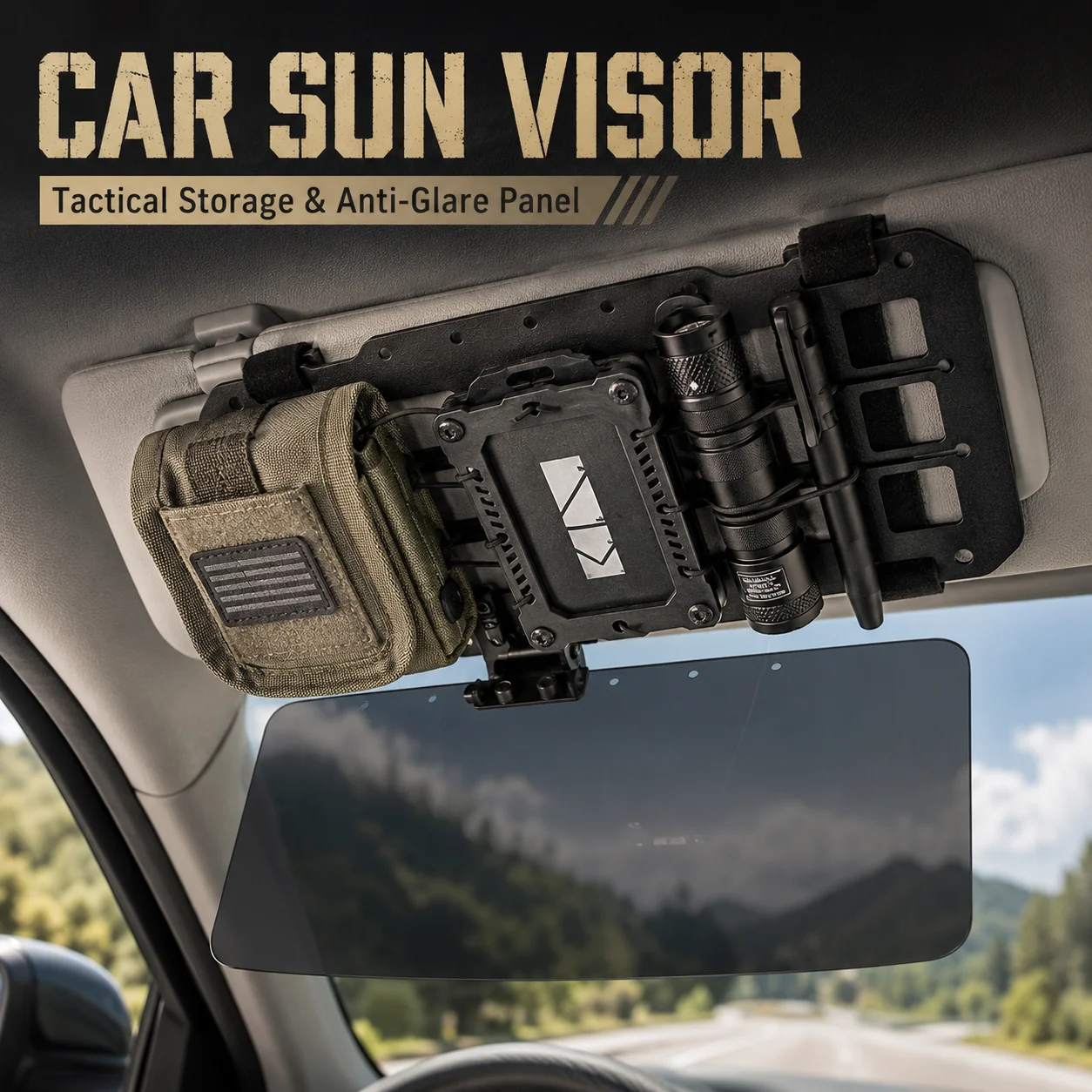 Car Sun Visor Organizer Tactical MOLLE Storage Panel Anti-Glare Day Night Shade Off-Road Interior Accessory