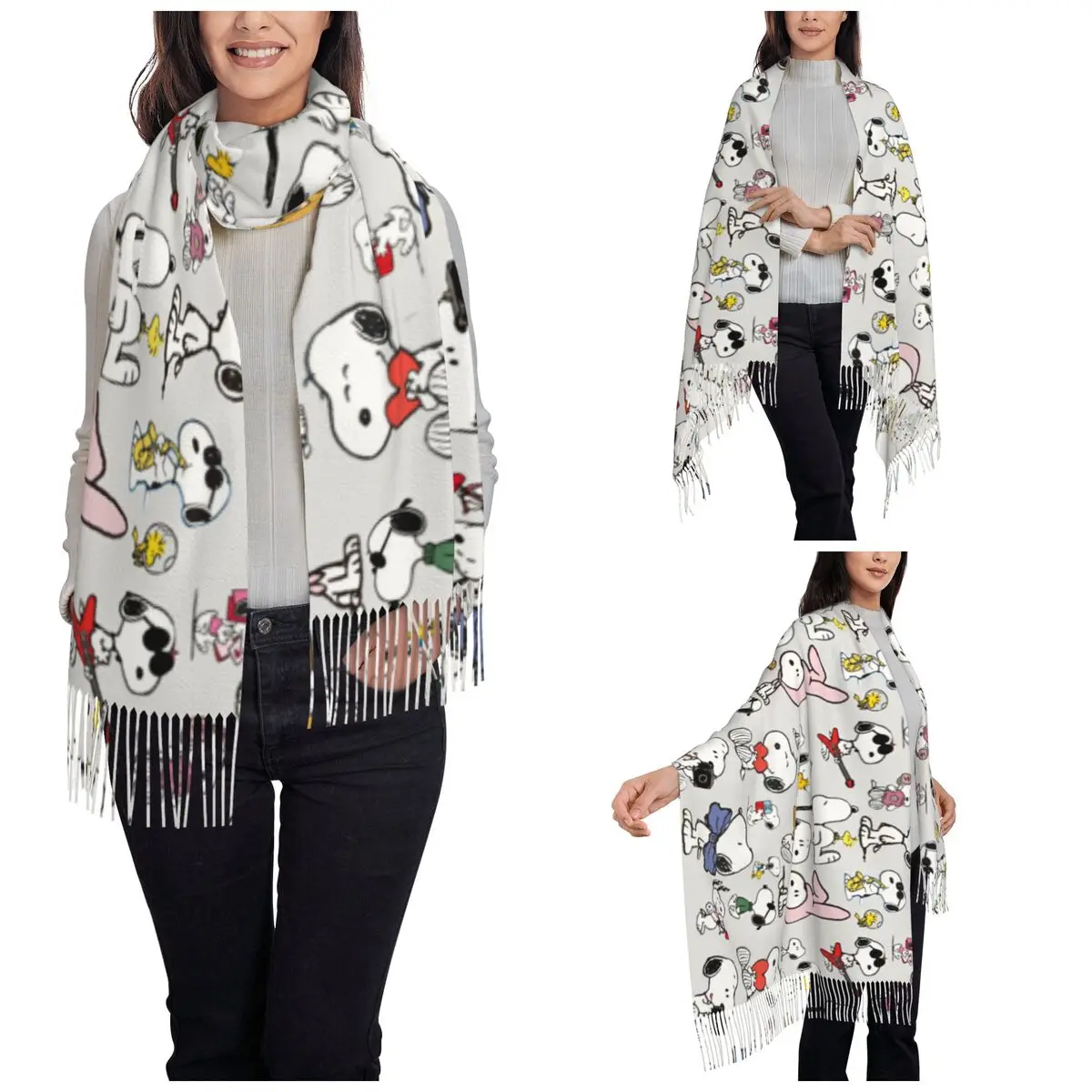 Women's Scarf with Tassel Peanuts Snoopy Woodstock Large Soft Warm Shawl Wrap Cartoon Cute Daily Wear Pashmina Scarves