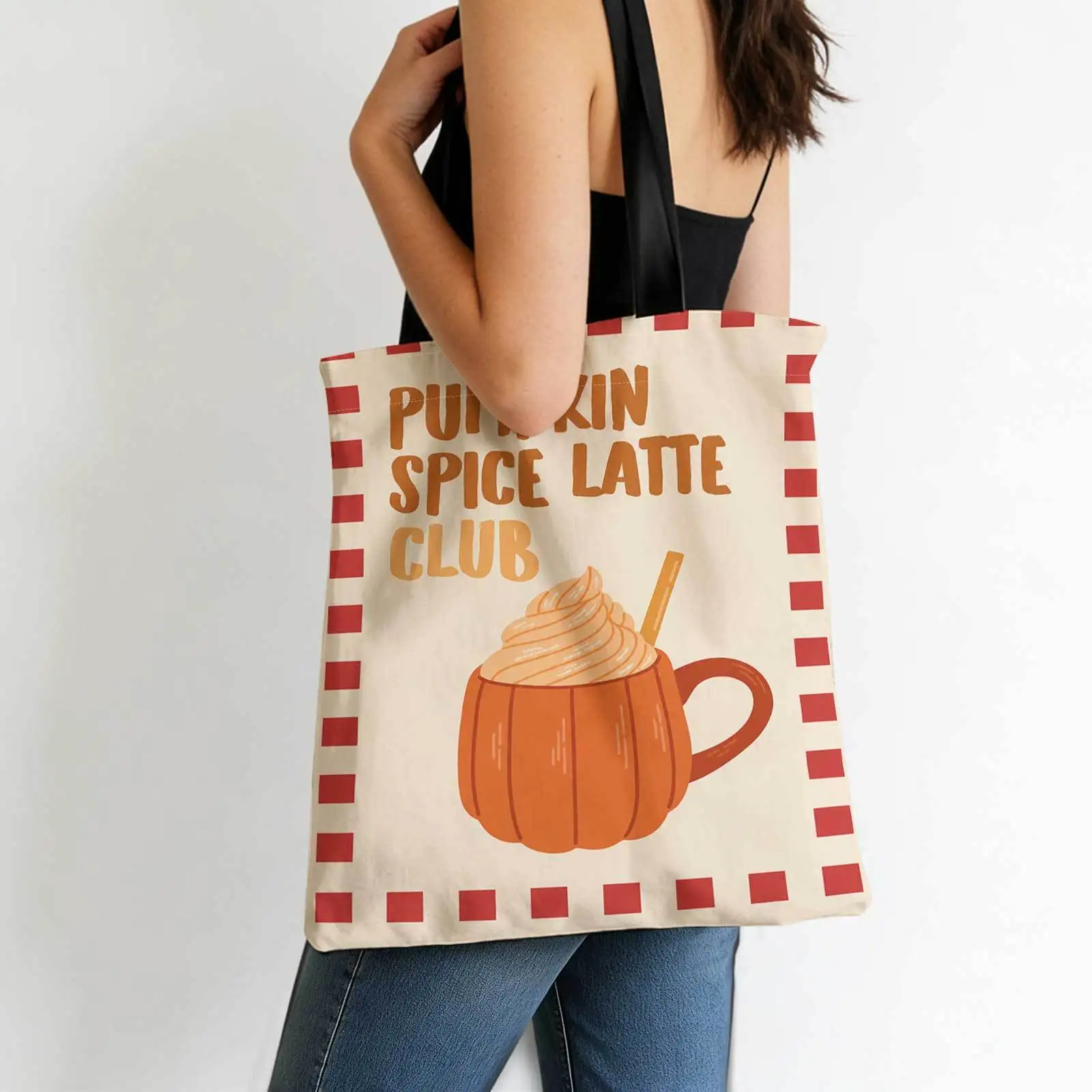 Pumpkin Spice Latte Club Canvas Tote Bag, Fall Coffee Lover Print Reusable Shoulder Bag, Autumn Thanksgiving Shopping Gift