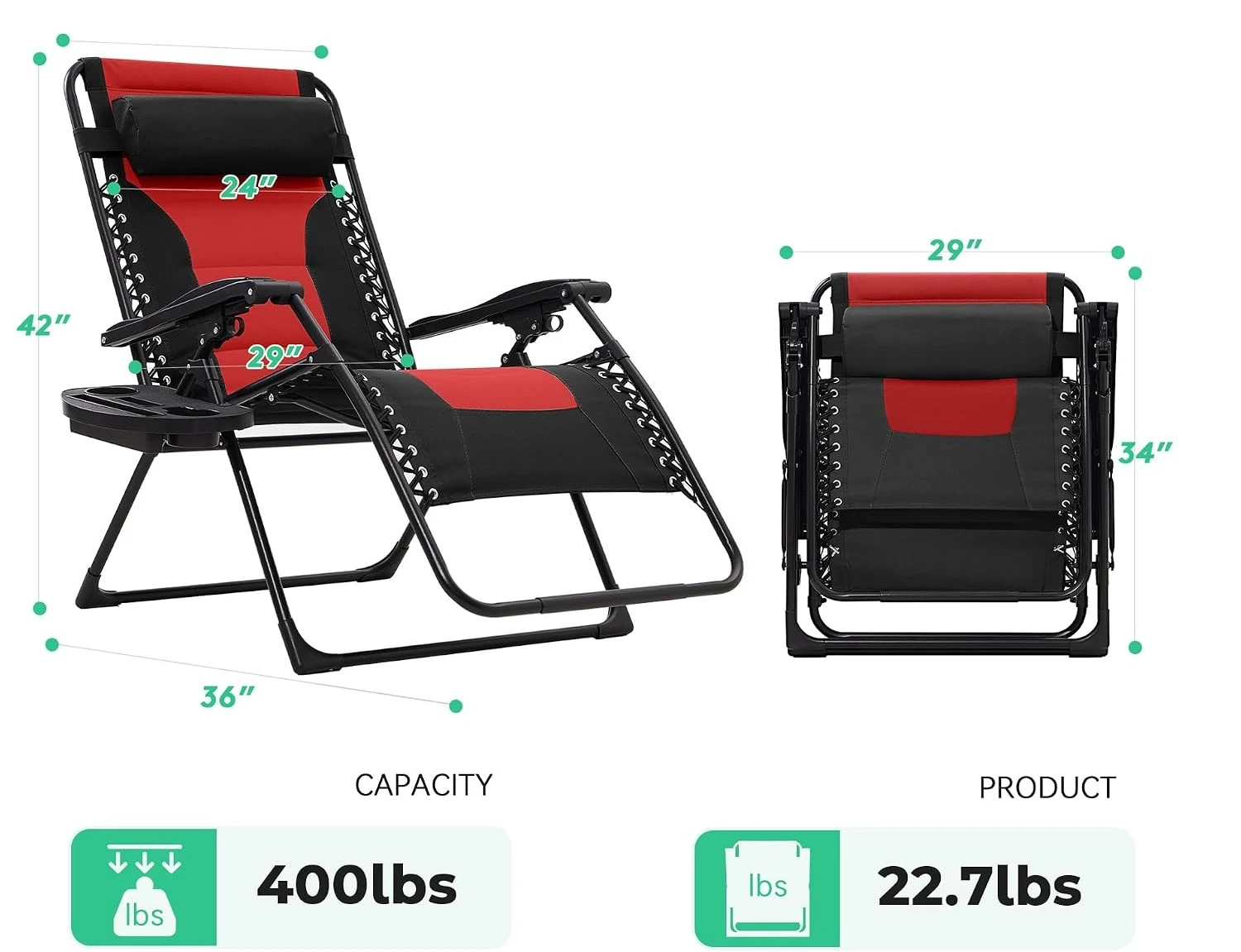 Oversized Padded Zero Gravity Chair Folding Outdoor Patio Recliner Anti Gravity Lounge Chair With Headrest Cup Holder Side Tray Polyester Mesh For Backyard Black Red