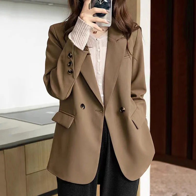 2024 Temperament Double-Breasted Blazer Women Spring Autumn Long Sleeve Chic Blazers Woman Buttons Office Suit Jacket Ladies