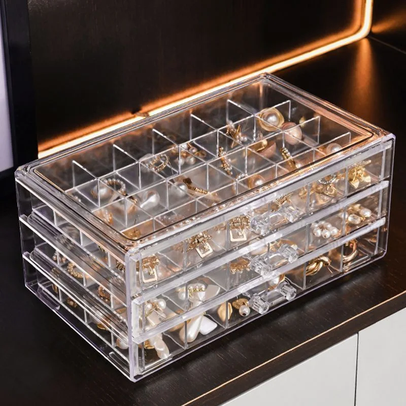 

Шкатулка для хранения украшений, прозрачная, трехъярусная, большой вместимости, для колец, серег, ожерелий, органайзер для туалетного столика