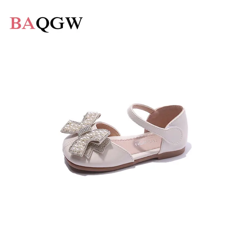 

2023 Summer Kids Girl Cute Sandals Princess Pearl Bowknot Fashion Children's Girl Shoes Hook&loop Round Toe Lightweight Slides