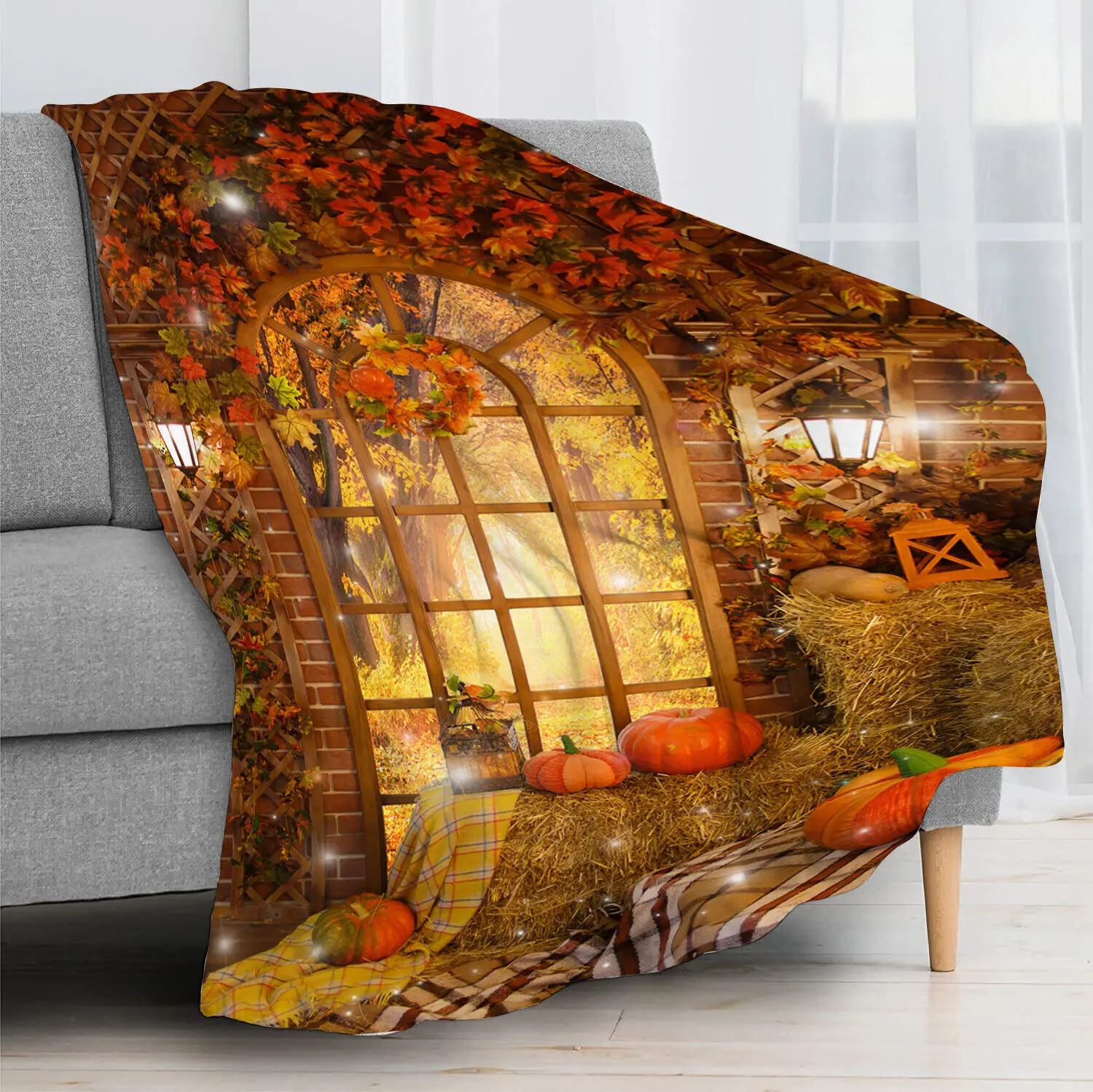 

Pumpkin Red Floral Wreath Fall Farmhouse Throw Blanket for Couch Bed Sofa Office