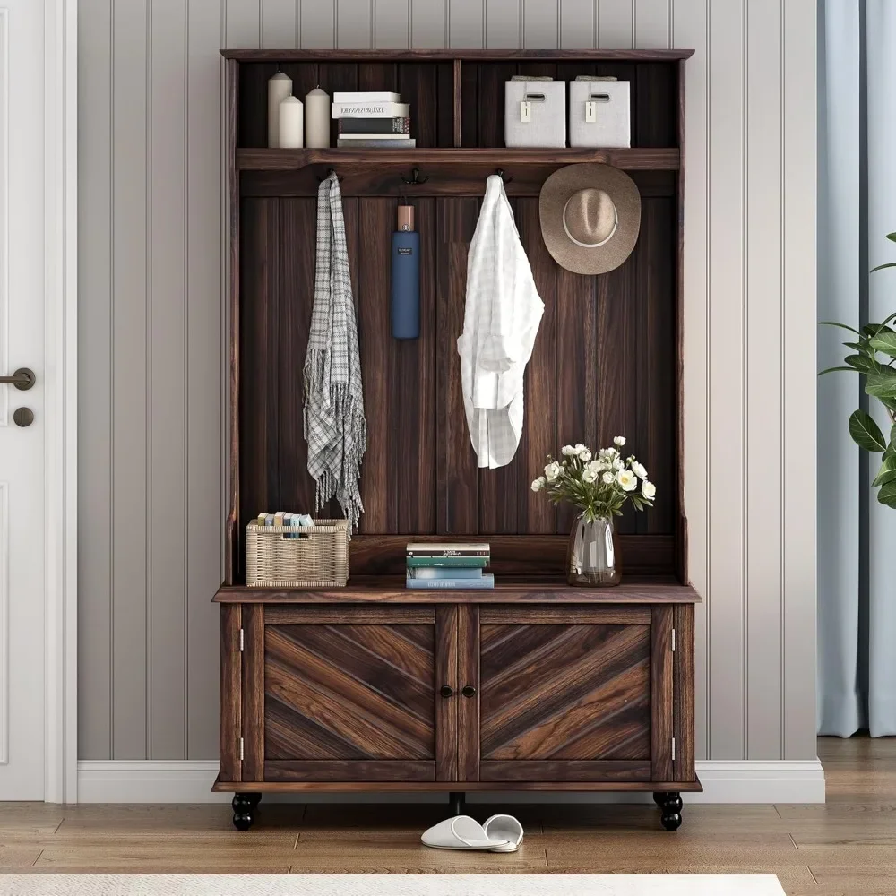 

Coat Rack and Storage,Mud Room Bench with Storage and Seating,Farmhouse Hall Tree with Solid Wood Legs, 4-in-1 Entryway Bench