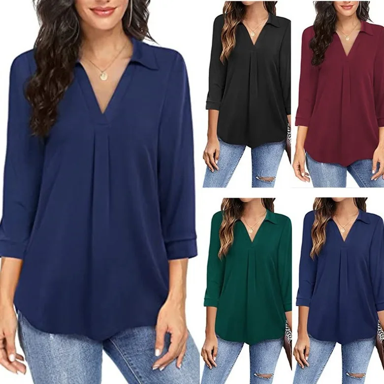 Ele V-Ne Loose Fit irt 2024 Spring Season Seven Quarter Sve Button up Top for Women in Chiffon Material