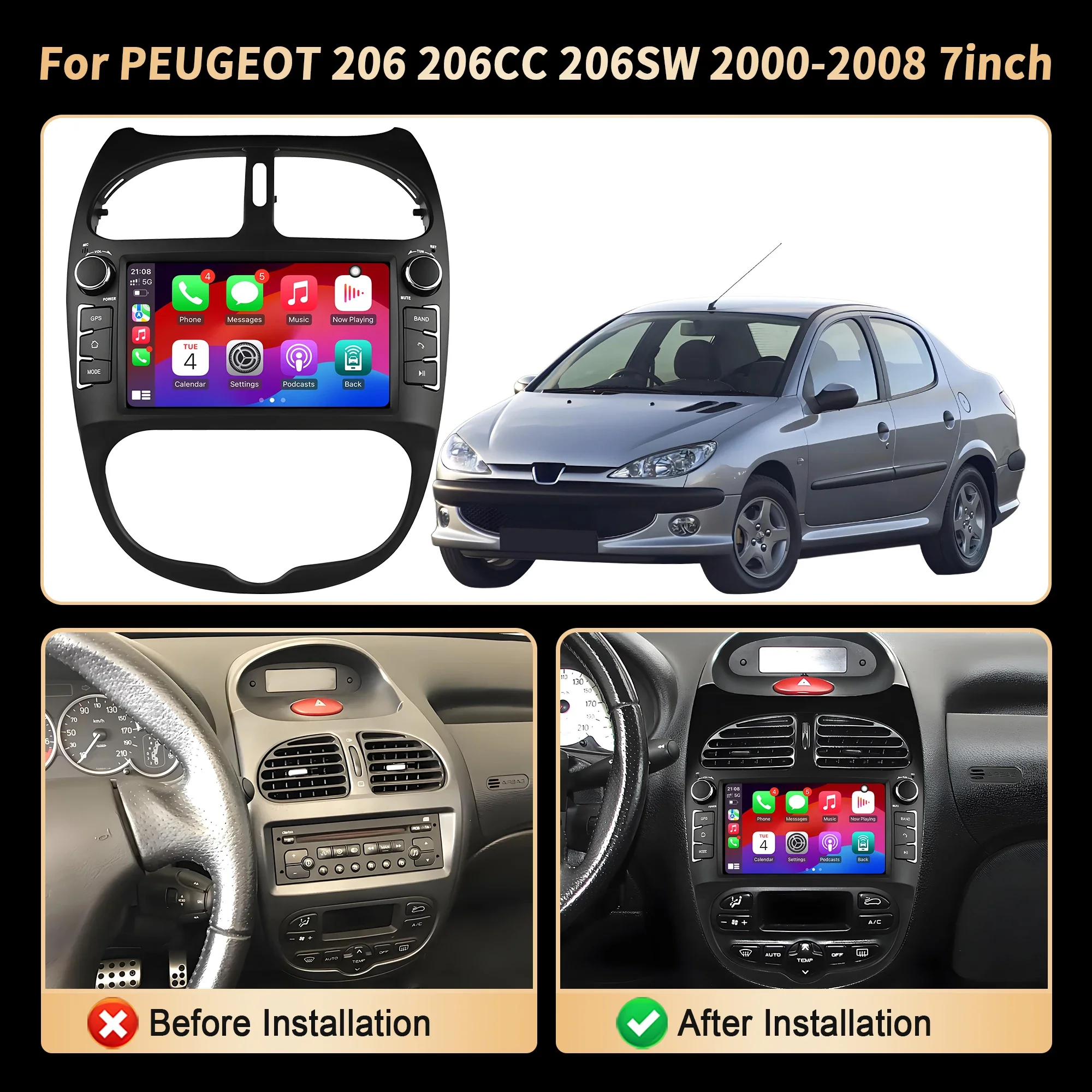 7-дюймовый автомобильный радиоприемник для PEUGEOT 206 206CC 206SW 2000 2001 2002 2003 2004 2005 2006 2007 2008 беспроводной Bluetooth CarPlay экран