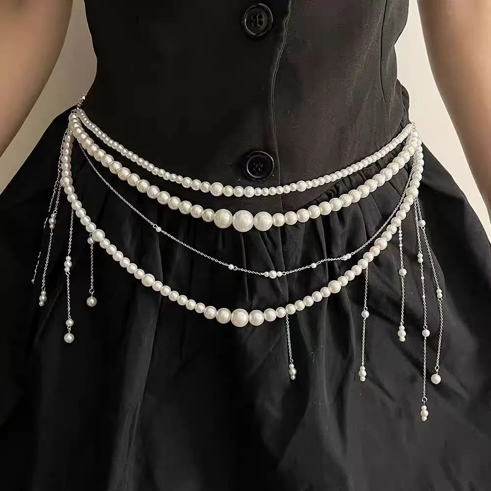 Y2K Glitter Pearl Tassel Waist Chain Multilayer Clothing Accessories Body Jewelry Accessories Party Belt Casual Wear