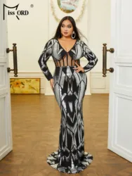 Missord Plus Size Black Geometric Sequin Evening Dresses Women Long Sleeve Vneck Waist See Through Bodycon Party Prom Dress Gown