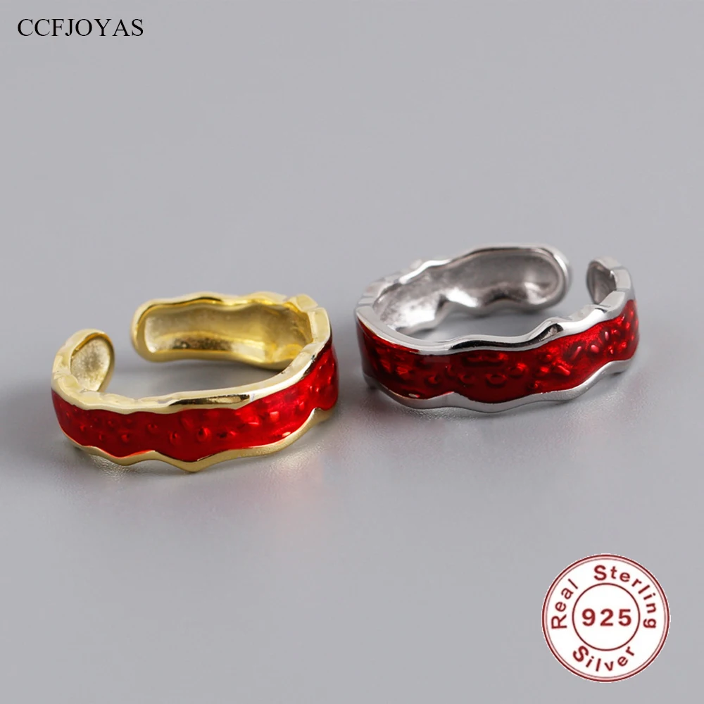 

CCFJOYAS 925 Sterling Silver Red Texture Enamel Rings for Women Geometric Irregularity Open Ring Wedding Party Fine Jewelry