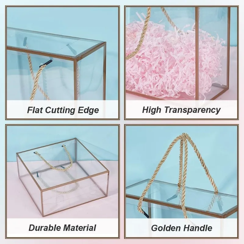 10 Packs Clear PP Plastic Gift Box 7.8x7.8x3.5 Inch Treat Gift Boxes with Gold Border and Handle Favor Box with Cord
