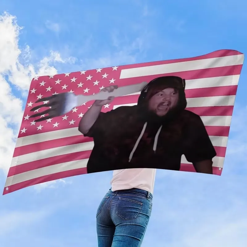 Funny Man Holding Giant Fork Pink American Flag Banner Tapestry, Meme Portrait USA Flag Wall Hanging, Novelty Dorm Wall Decoration