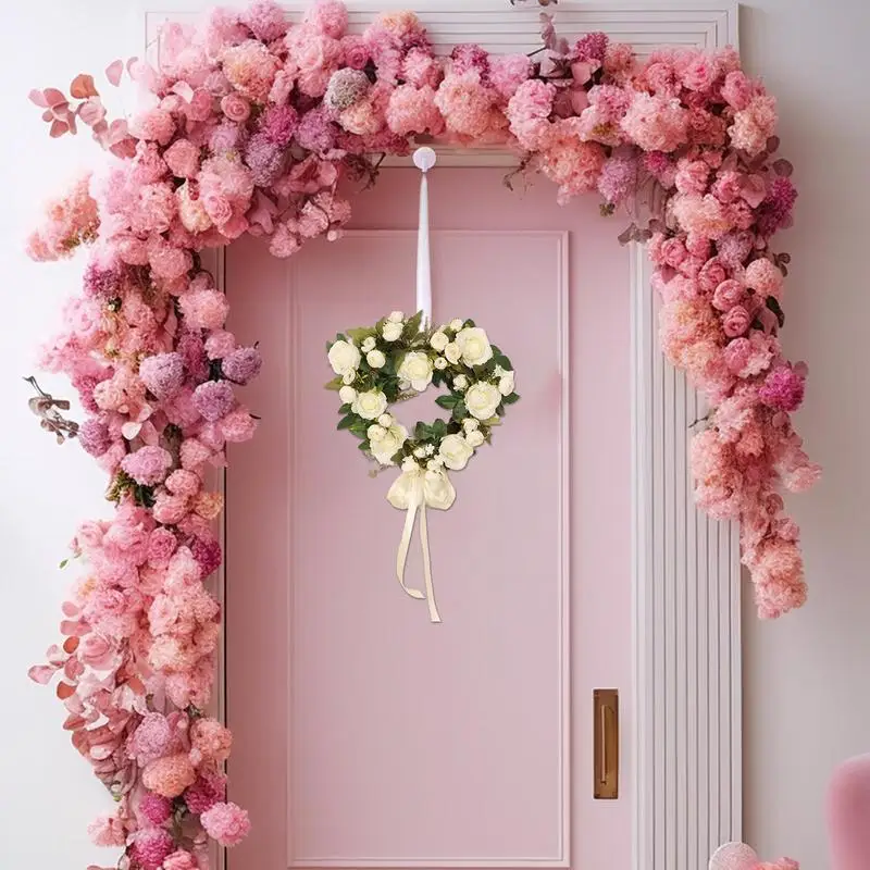 Spring Floral Wreath Outdoor Wreath Valentine Wreath 15.7 Inch Heart Wreath Floral Wreath Front Door Sign Artificial Wreath With