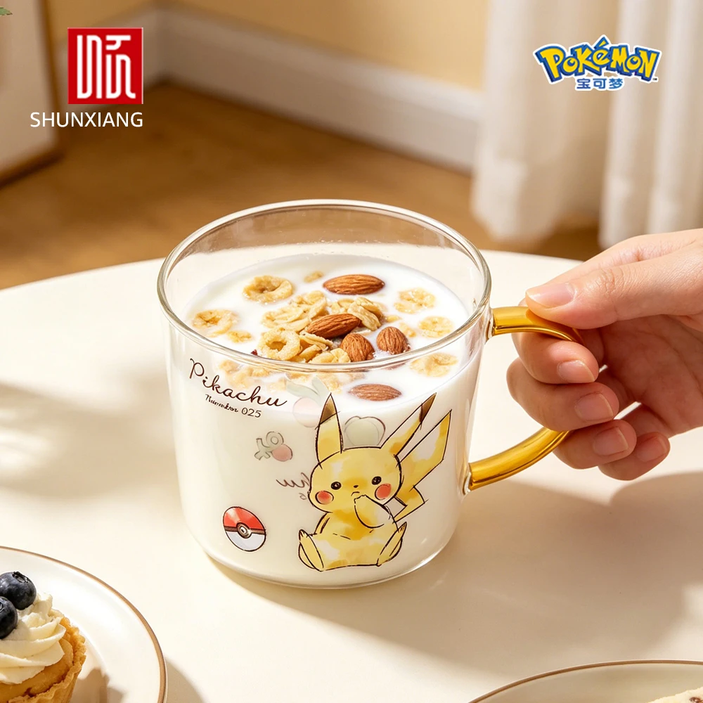 SHUNXIANG Pokémon Pikachu Glass Mugs Cartoon Drink Tableware Coffee Milk High Borosilicate Water Cup with Handle Gifts