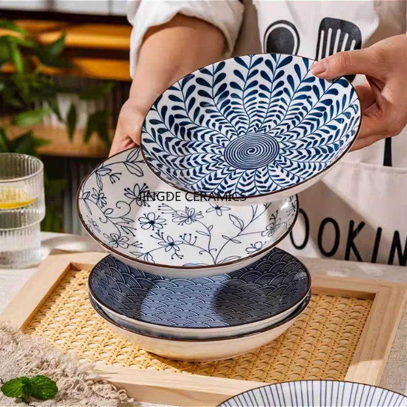 1pc Japanese Ceramic Stir Fry Dish Ceramic Underglaze Color Salad Plate Round Fruit Platter Kitchen Tableware Accessories