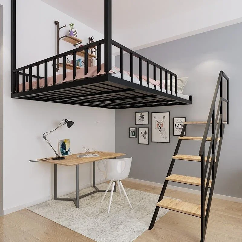 Apartment duplex wrought iron bed small apartment household ceiling bed loft B & B creative space saving elevated