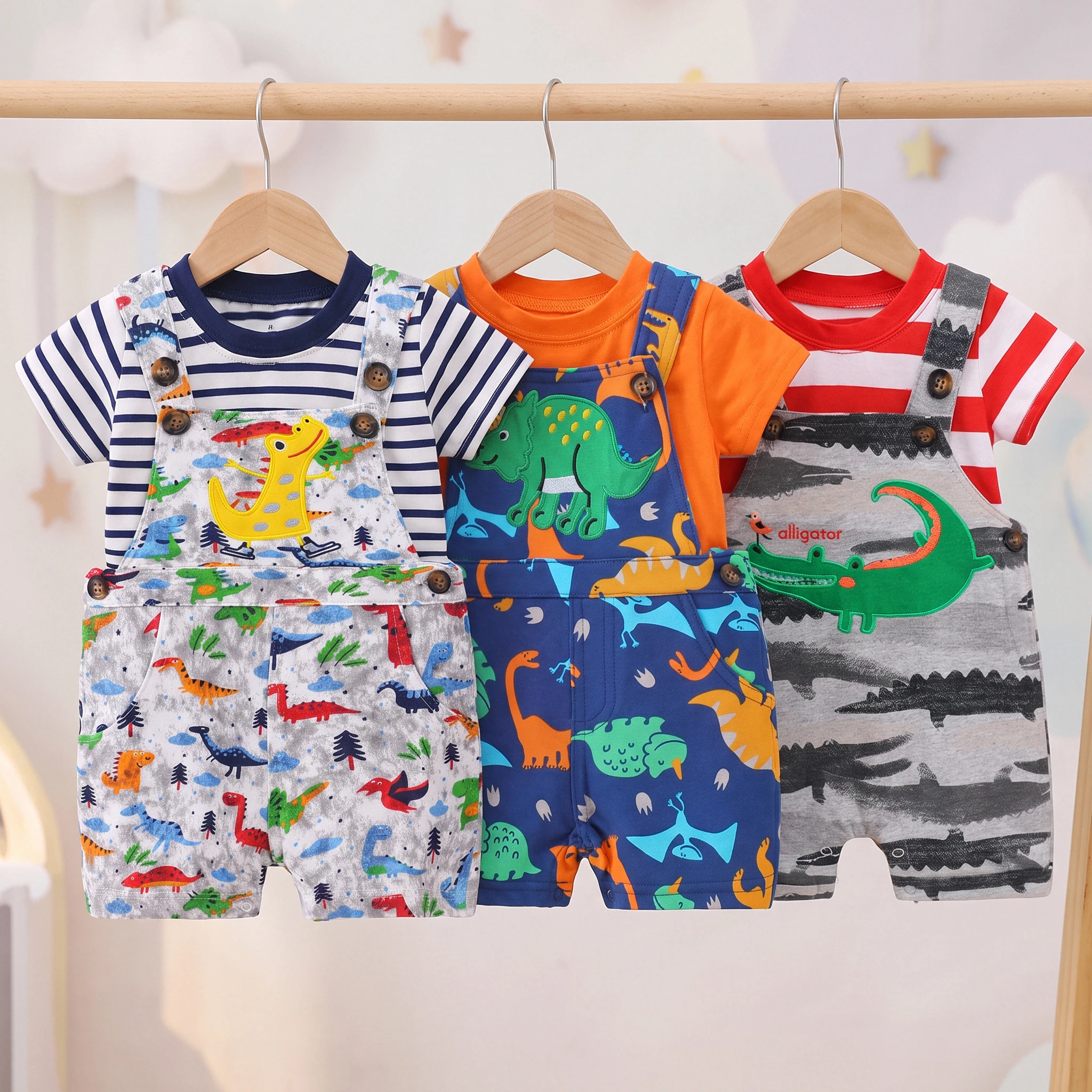 Toddler Baby Boy 2Pcs Sets Cartoon Embroidery All‑Over Print Short Overalls+Striped Solid Tee Cotton Summer Casual Outfit 9M‑3Y