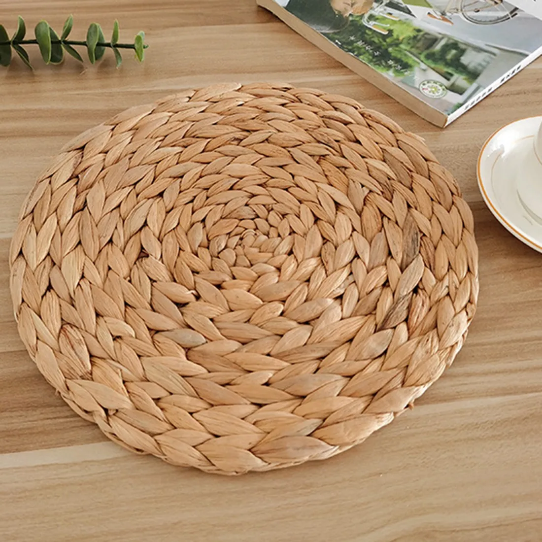 ABLG Round Woven Rattan Placemats, Natural Wicker Mats, Water Hyacinth Straw Braided Placemats, Set Of 6