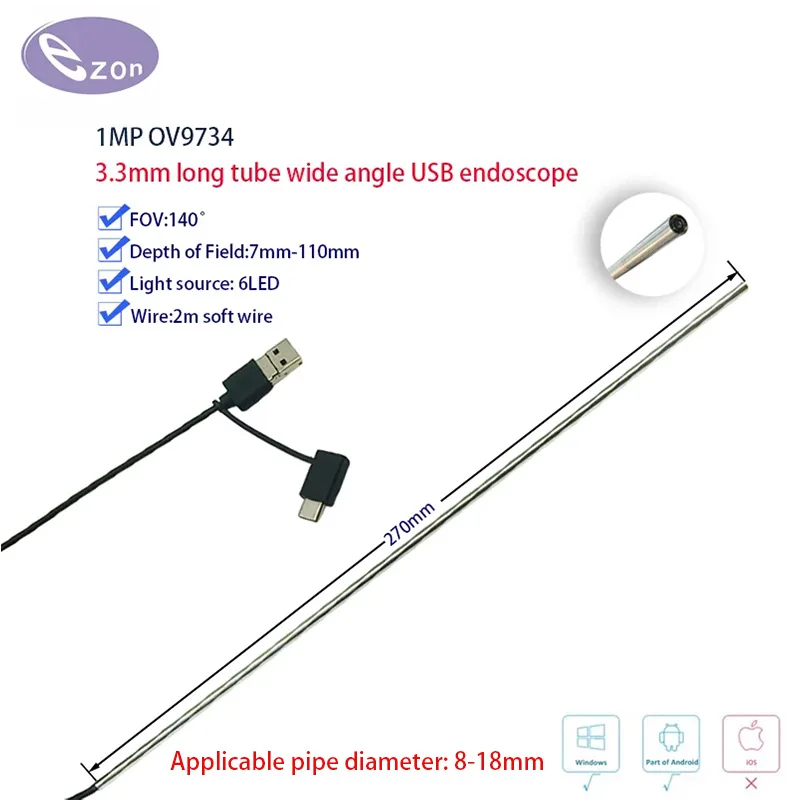 

1MP diameter 3.3mm FOV140︒ ultra-thin endoscope 2m soft wire macro industrial pipeline inspection
