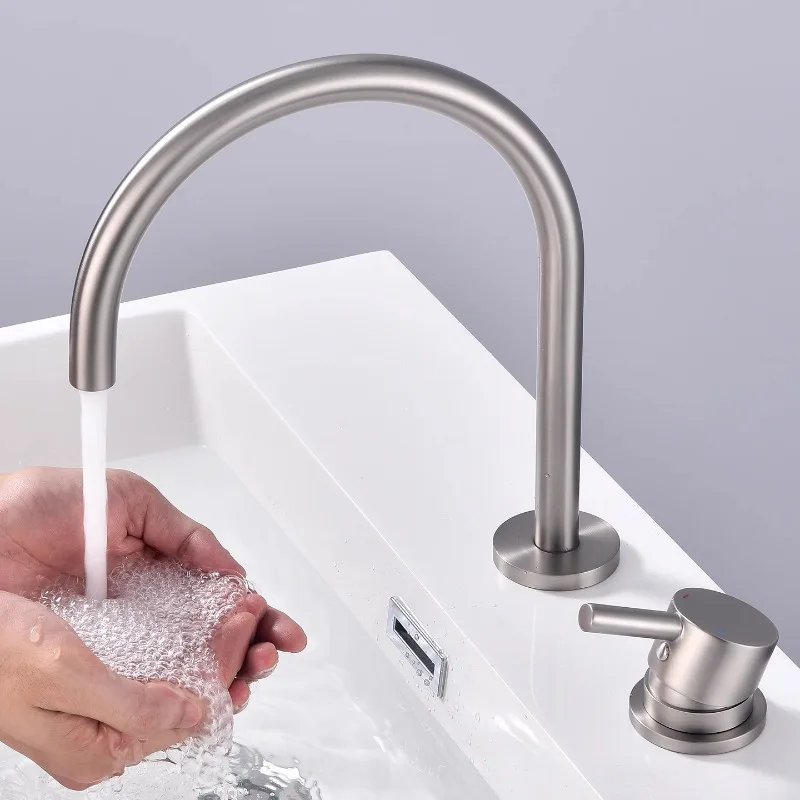 صنبور حوض، حوض غسيل بفتحة مزدوجة من النوع المنفصل، حوض، خزانة حمام، صنبور بفتحة مزدوجة مصقول بسيط