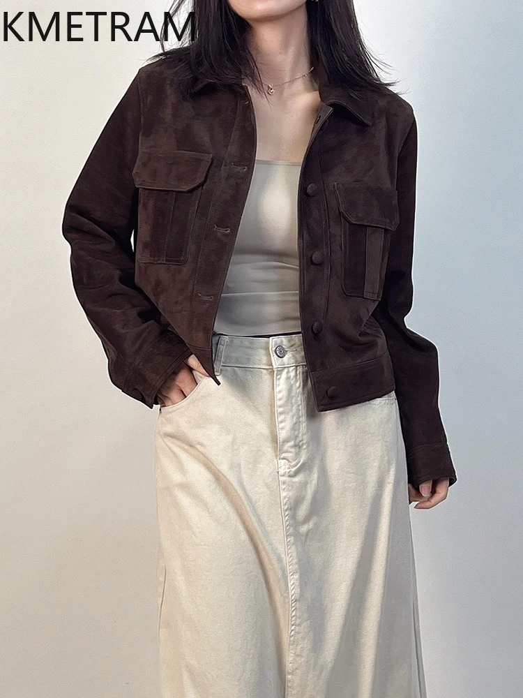 سترة من جلد الغنم بطبقة علوية لعام 100% للسيدات على طراز المال القديم سترات من الجلد الطبيعي البني ملابس الخريف 2025 للنساء vosбlaneка femenska