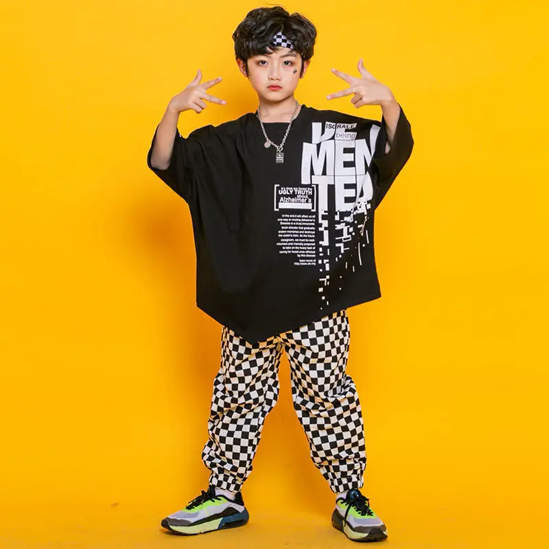 Kid Hip Hop abbigliamento Graphic Tee Long oversize T Shirt Top Streetwear pantaloni Jogger a scacchi per ragazza Boy Dance Costume Clothes