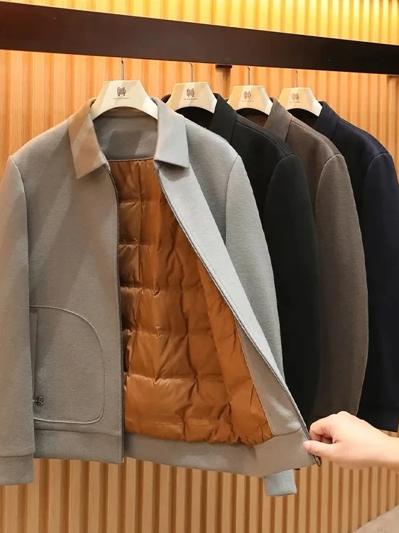 

Busin Men's down Jaet 90% Goose down Warm Wool Collar Zipper Closure Long Sve Urban Casual Sle Stand Fit Coat