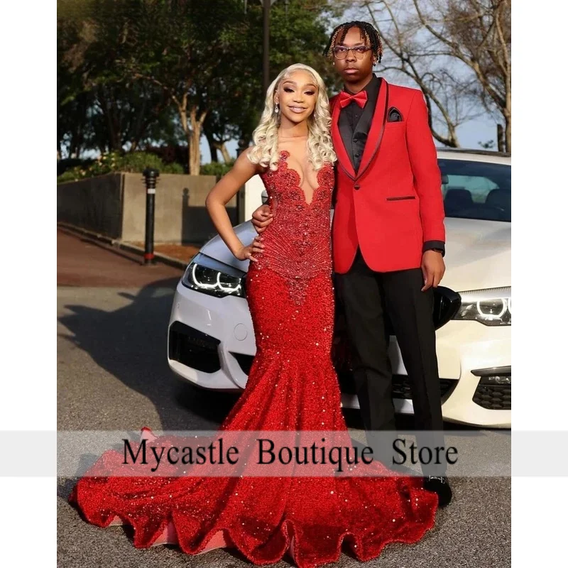 Vestido De graduación largo De lentejuelas rojas personalizado con diamantes para niñas negras, Vestido De Reina De cumpleaños africano con cuentas De cristal, Vestido De Noche