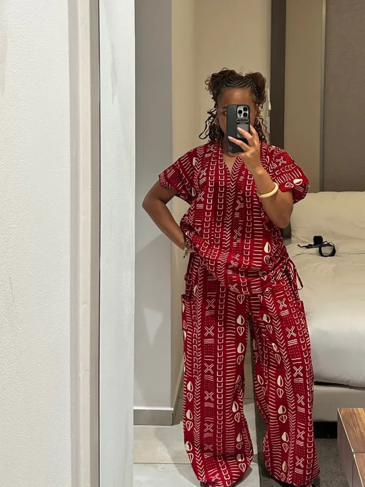 

Women's Two-piece Solid Color Printed V-neck Short-sleeved Top Wide-leg Pants Suit Casual Commuting Daily Office 2-pieces Set