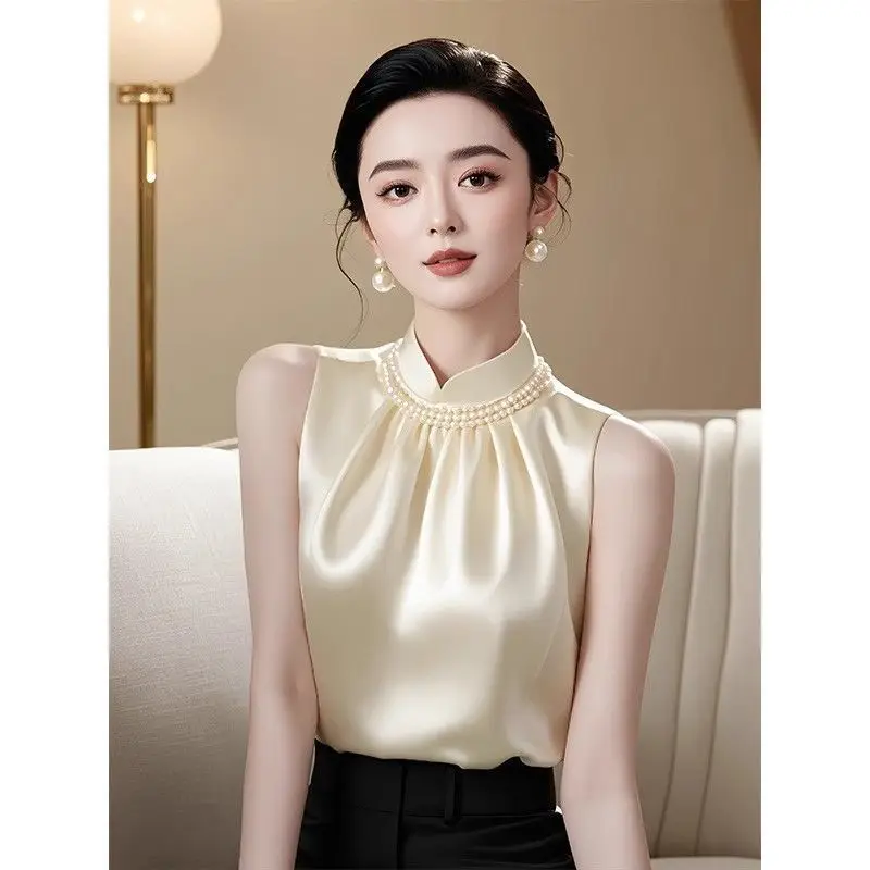 

French-style Petite Fragrance White Satin Blouse Summer Stylish Sleeveless Blouse for Women
