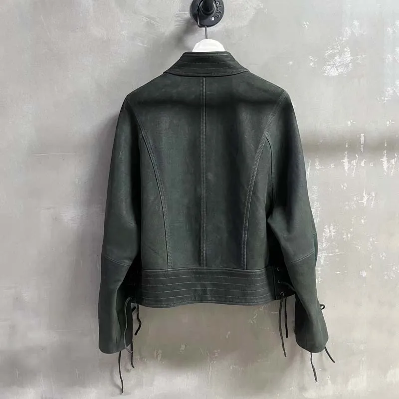 new fashion coat spring autumn 2025 natural real suede leather jacket short length Turkish oil wax skin Tie decoration
