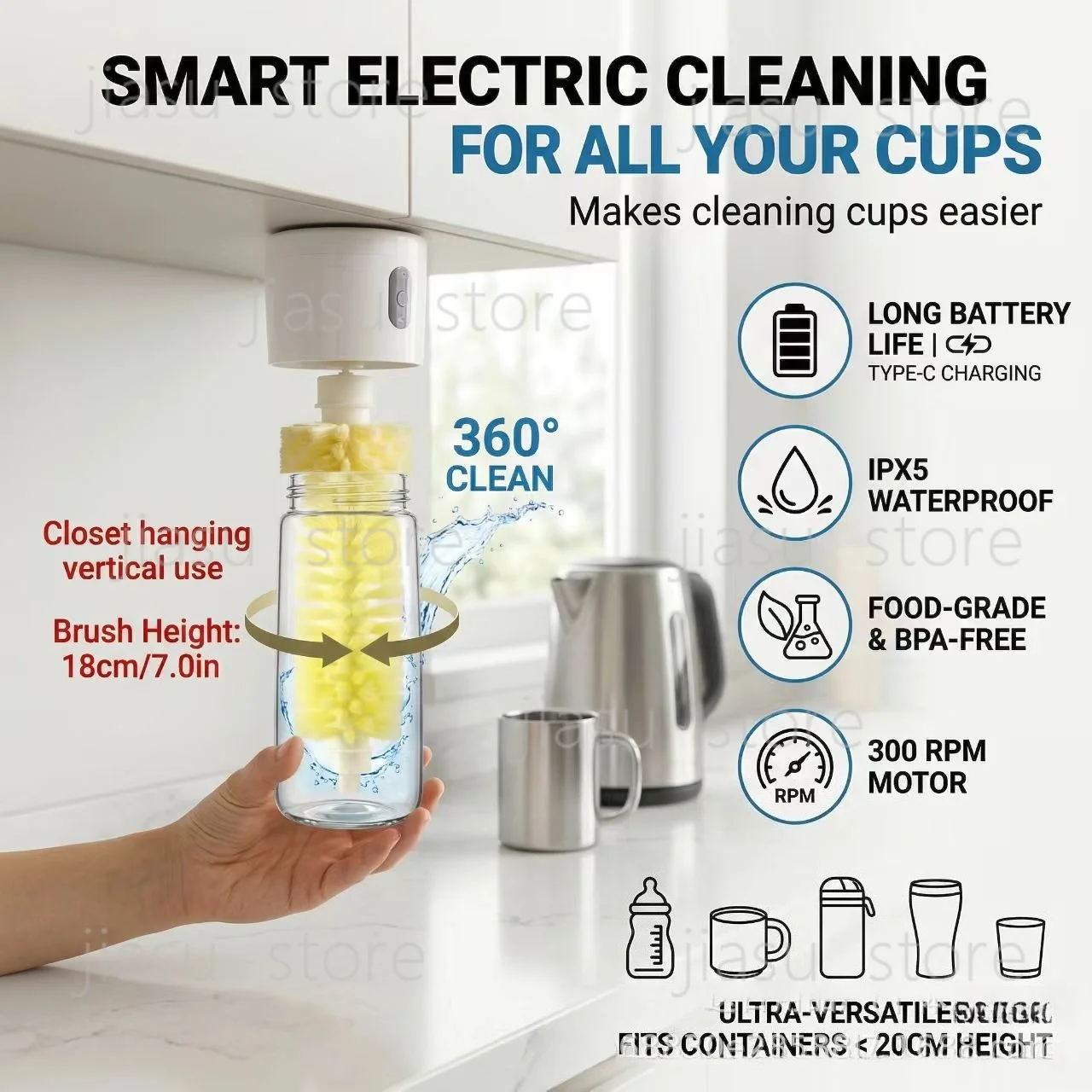 Multifunctional Electric Gap Cleaning Brush, Rechargeable Cup Cleaner for Water Cup Glass Baby Bottle Washing