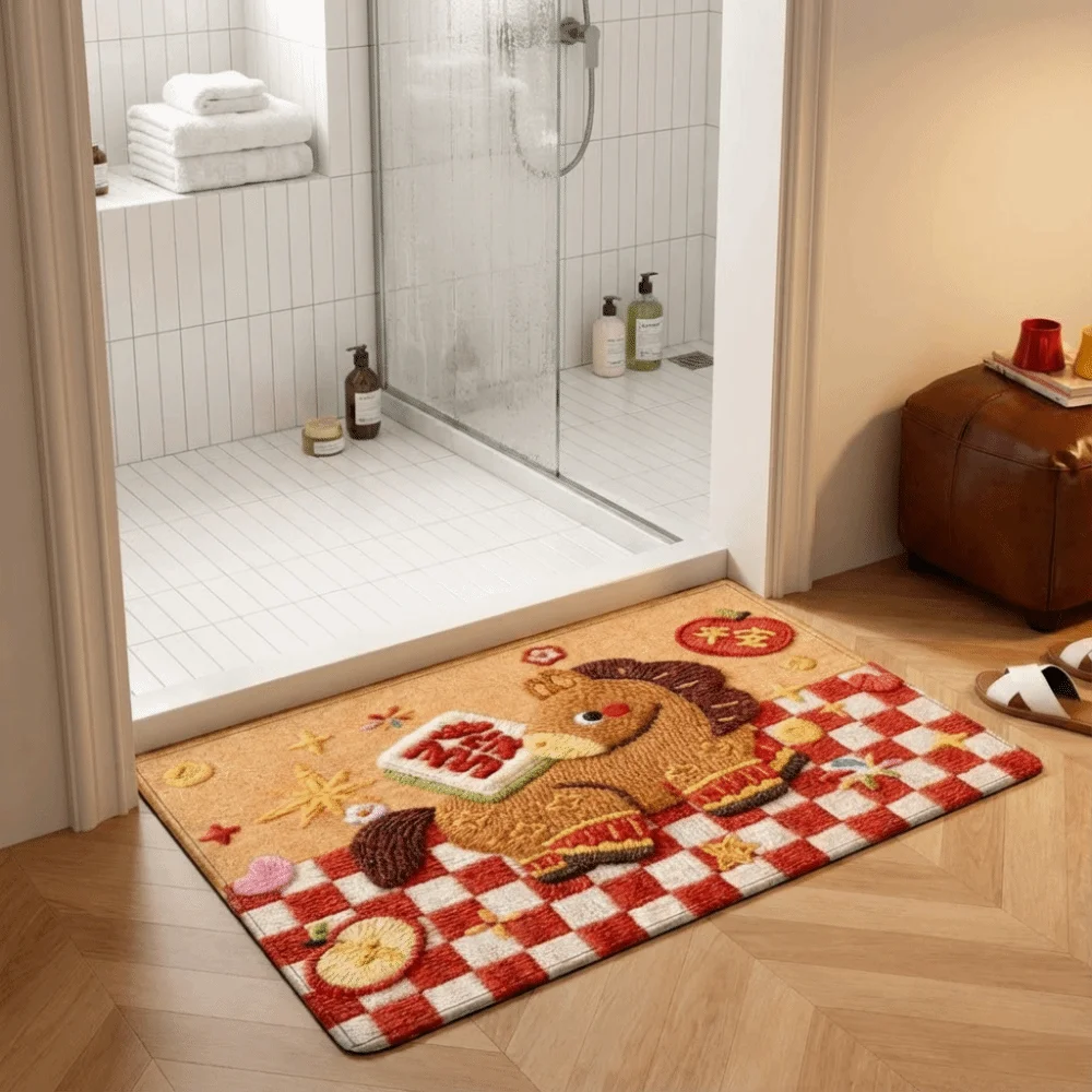 

Weaving Texture Horse Floor Mat Blessing Words Cartoon 2026 New Year Anti Slip Mat Soft Convenient Pony Door Mat
