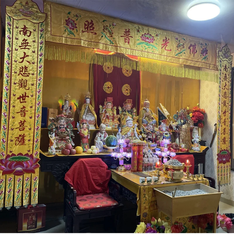 A SET 3P Wholesale Buddhism supply Ancestral hall Temple Embroidery wall Hanging Shrine Vertical  banner Altar Enclosing curtain