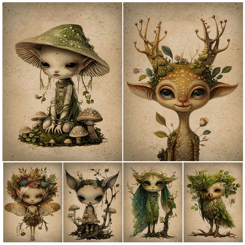 

Nature Spirits Mysterious Creatures,Vintage Wall Art Canvas Painting,Magic Elf Abstract Art Poster And Pirnt Home Decor Unframed