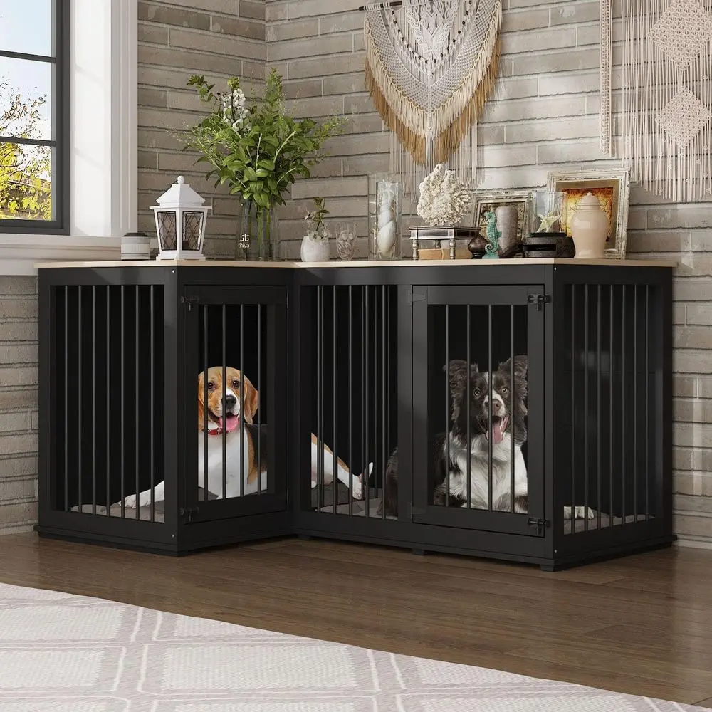 

Прочная деревянная клетка для собак для использования в помещении с двумя отсеками для крупных и средних пород, черная