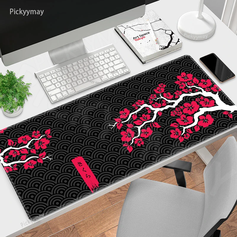 

Red Sakura Gaming Mousepads Desk Rug Gamer Mousepad Black Large Mouse Mat Desk Pads Keyboard Mats Cherry Blossom Mouse Pad