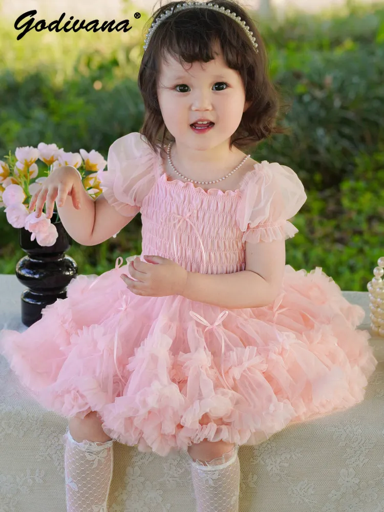 Sweet Baby Girls High End French Princess Tutu Dress Kids Summer Premium Tulle Puff Sleeve Pink Birthday Party Formal Ball Gown