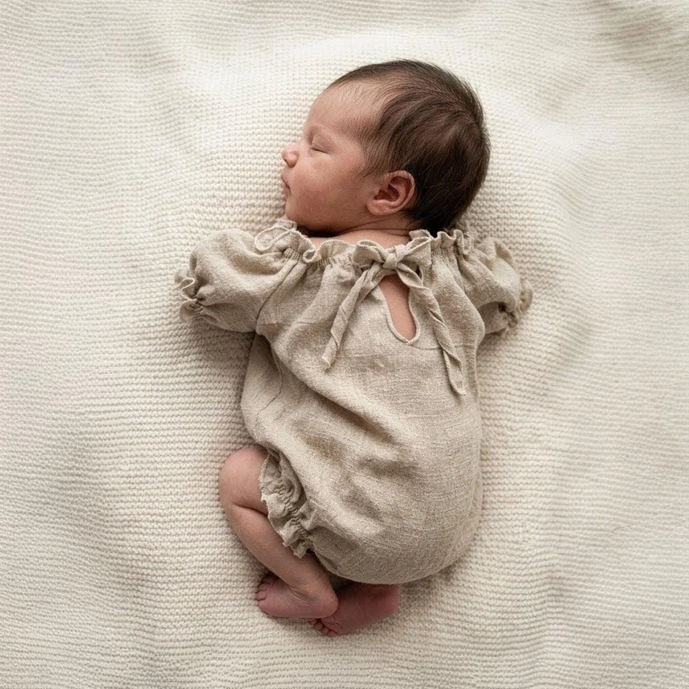 Vintage Beige Linen Cotton Off Shoulder Ruffle Romper Newborn Photography Props Baby Girl Photo Outfit